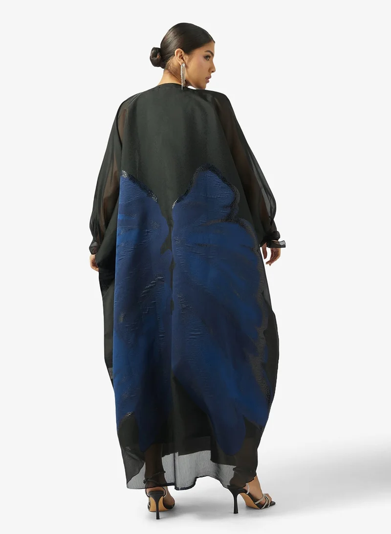 hayas closet  Black Mesh Floral Print Abaya for Women | Best Price UAE